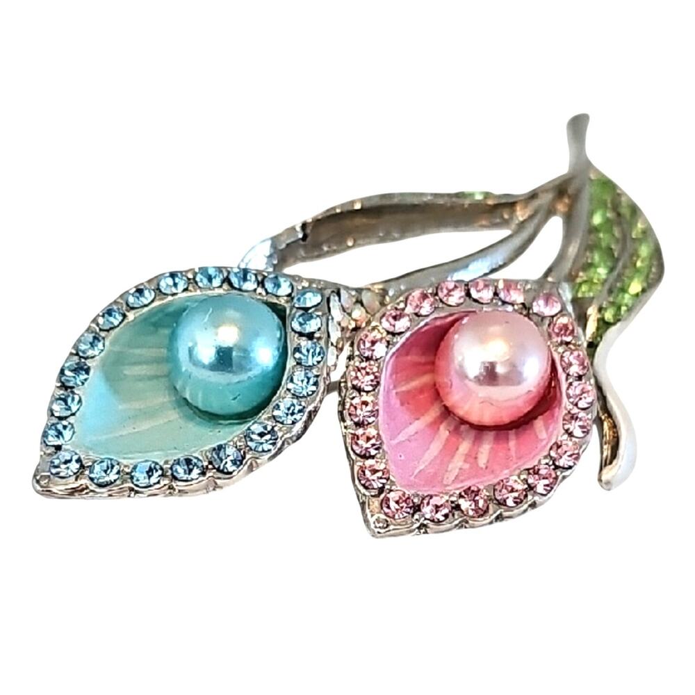 Vtg Gorgeous Chic Dual Bloom Brooch with Pink and Blue Pearls and Green Crystals - Picture 3 of 7
